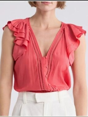 NWT Ramy Brook Coral Ruffle Pintuck V-Neck Blouse